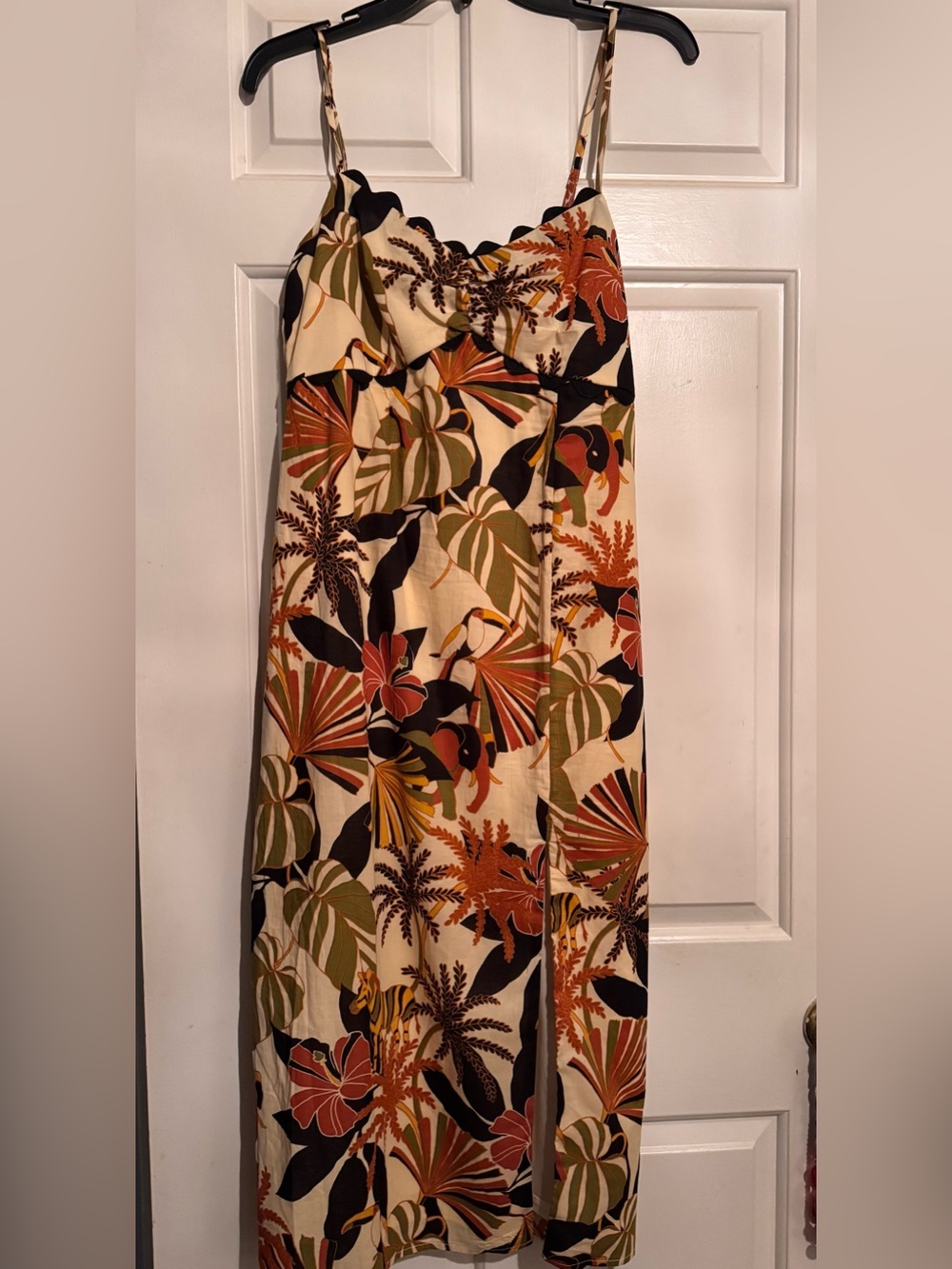 RowA Tropical Scallop-Edge Spaghetti Strap Midi Dress in Cream & Olive